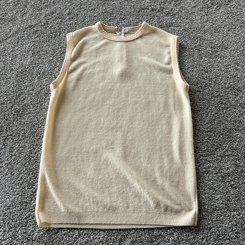 Vintage Sweater Vest Womens S Beige Crew Neck Sleeveless Knit Zipper Back Top